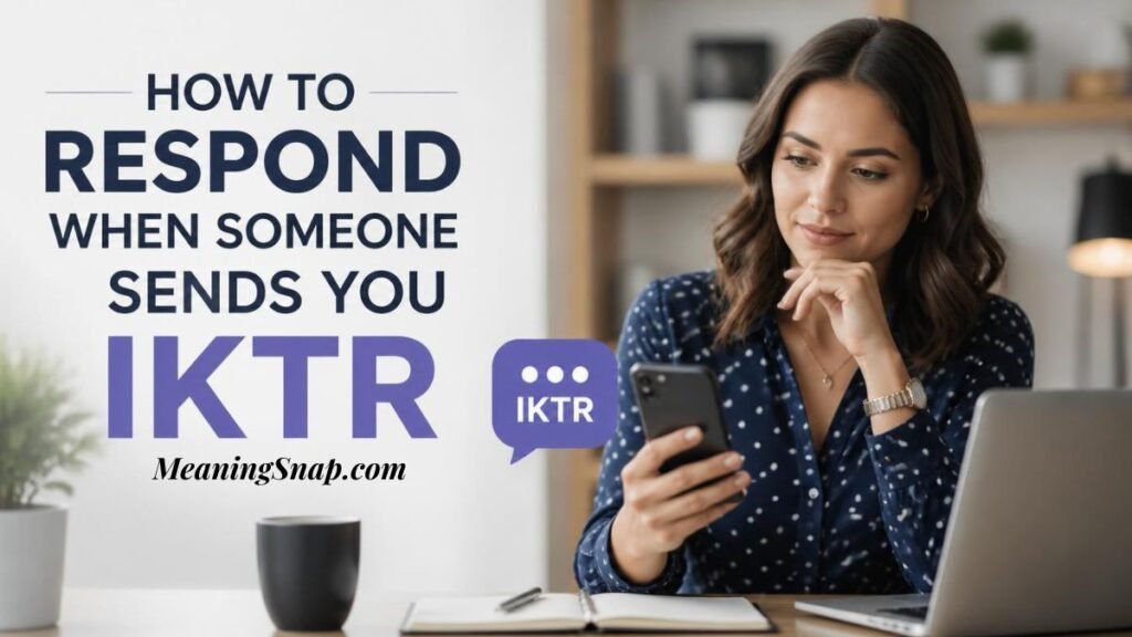 Infographic titled How to Respond When Someone Sends You IKTR, showing a woman with a smartphone at a desk next to a purple IKTR chat bubble badge.   