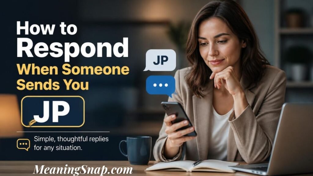 Infographic titled How to Respond When Someone Sends You JP, showing a woman thoughtfully looking at her smartphone with white and blue JP chat bubbles above her device.
