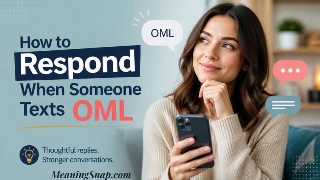 Infographic titled How to Respond When Someone Texts OML, showing a thoughtful woman holding a phone with floating chat bubbles.