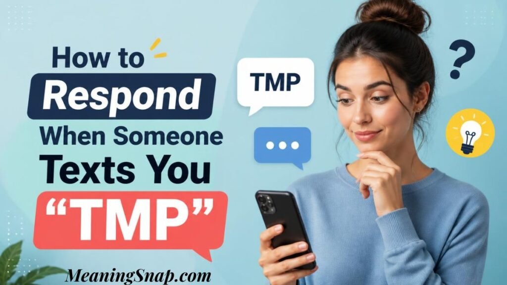 Infographic titled How to Respond When Someone Texts You TMP, featuring a thoughtful woman in a blue sweater holding a smartphone surrounded by chat bubbles and a lightbulb icon.