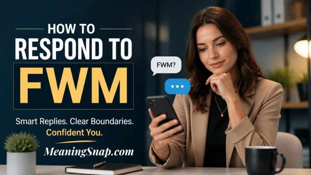 Infographic titled HOW TO RESPOND TO FWM, showing a young woman holding a smartphone and looking thoughtful at her desk with chat bubbles displaying "FWM?" and a typing indicator.