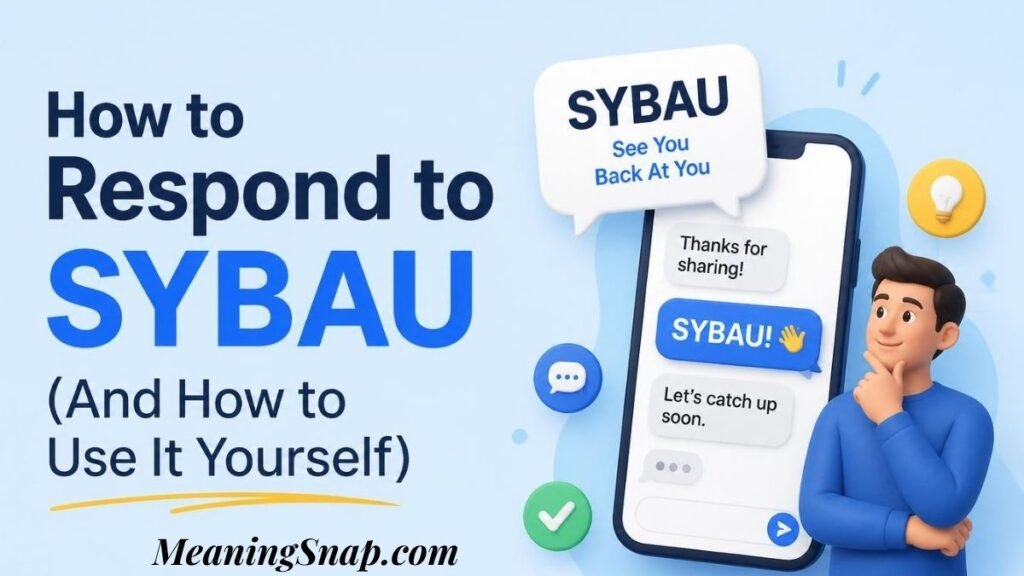 Infographic explaining how to respond to SYBAU and how to use it yourself, featuring a 3D animated man beside a smartphone displaying chat response options.