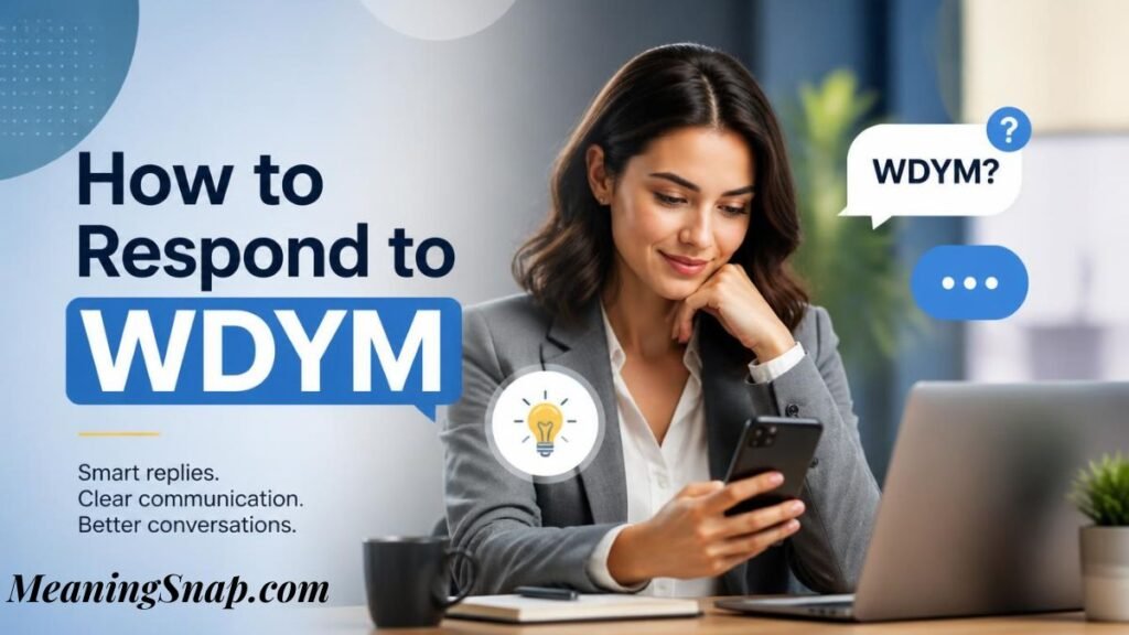 Infographic titled How to Respond to WDYM, showing a businesswoman smiling at her smartphone at a desk next to a lightbulb icon and speech bubbles.