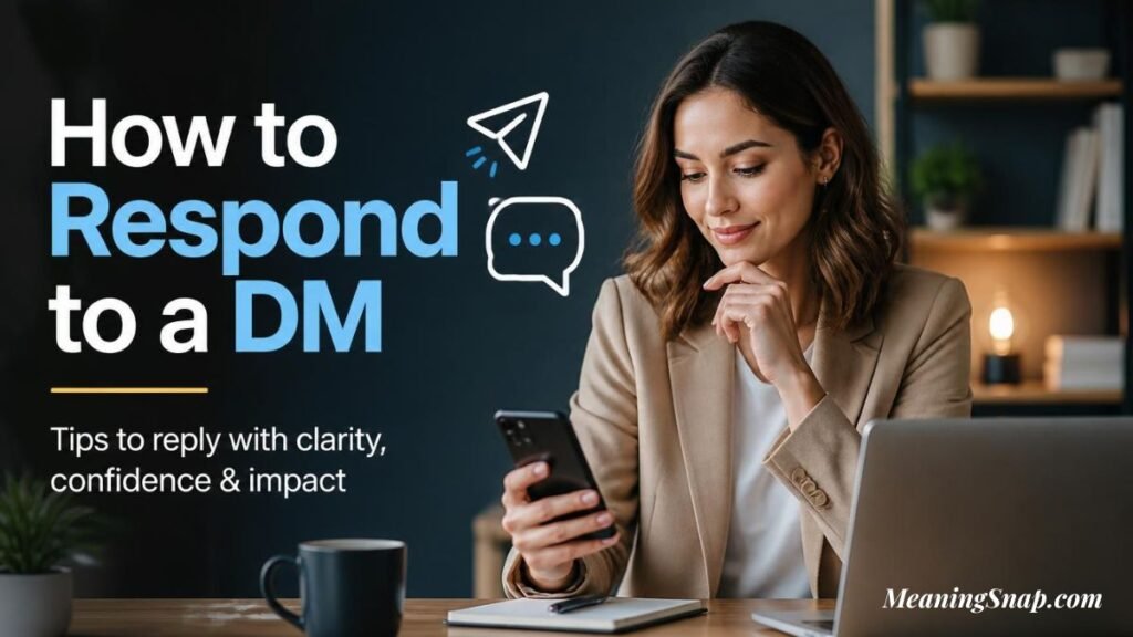 Infographic titled How to Respond to a DM, showing a woman in a blazer looking at her smartphone at a desk with a laptop.