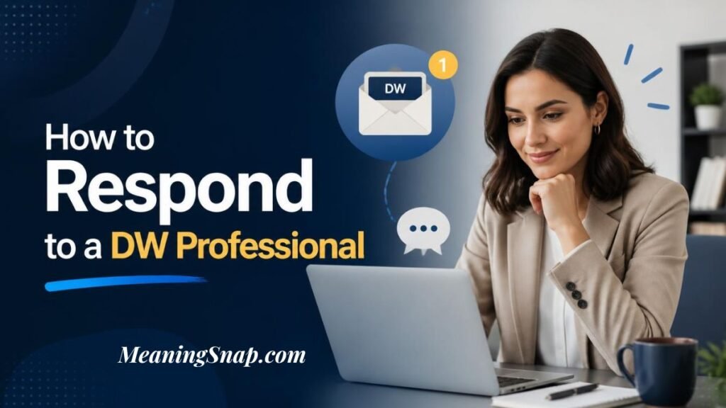 Infographic titled How to Respond to a DW Professional, showing a businesswoman smiling at a laptop screen next to an envelope icon labeled DW.