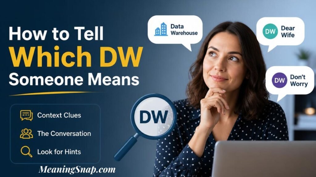 Infographic titled How to Tell Which DW Someone Means, showing a woman thinking near speech bubbles defining DW as Data Warehouse, Dear Wife, and Don't Worry.