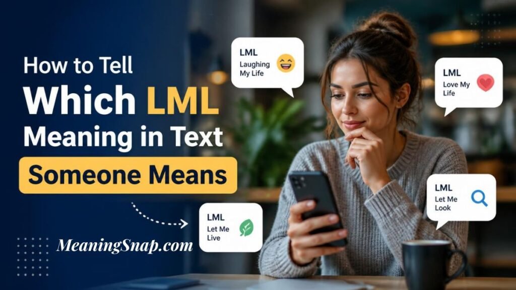 Infographic titled How to Tell Which LML Meaning in Text Someone Means, showing a woman thoughtfully looking at her smartphone surrounded by four chat bubbles defining LML.