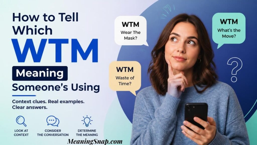 Infographic titled How to Tell Which WTM Meaning Someone's Using, showing a thoughtful woman holding a smartphone surrounded by speech bubbles with different definitions of WTM.