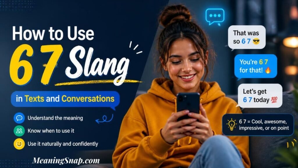 Smiling woman holding smartphone looking at chat graphics showing how to use 67 slang in texts and conversations.