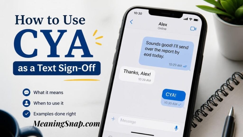 Infographic titled How to Use CYA as a Text Sign-Off, showing a smartphone screen displaying a chat conversation ending in "CYA!" alongside desktop office stationery.