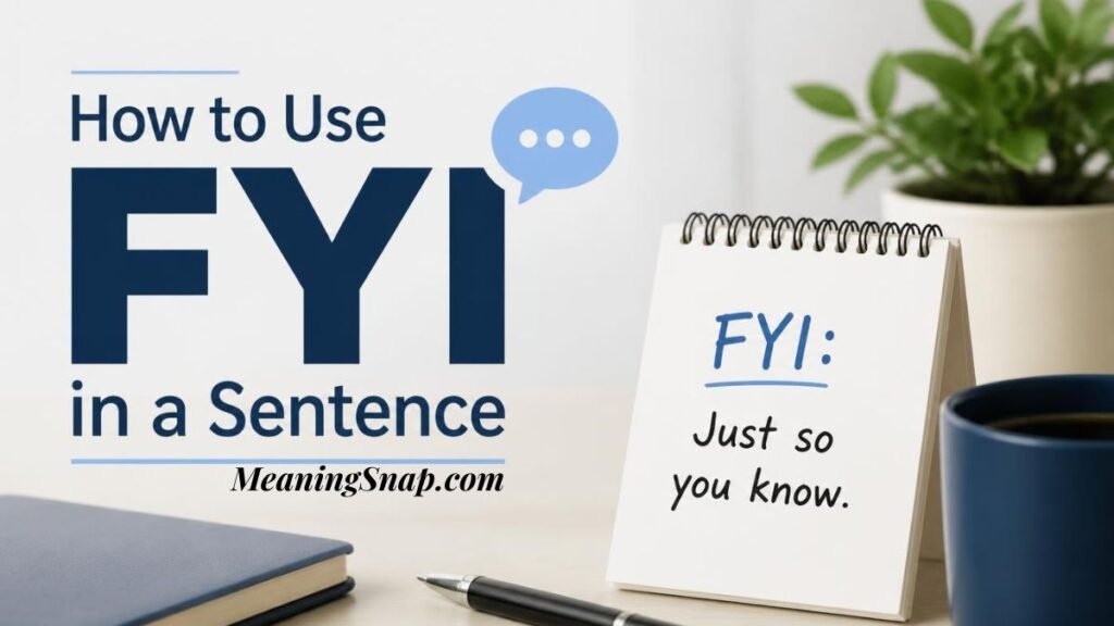 Infographic titled How to Use FYI in a Sentence, showing a desk calendar notepad with "FYI: Just so you know" handwritten on it, next to a pen, book, and coffee mug.