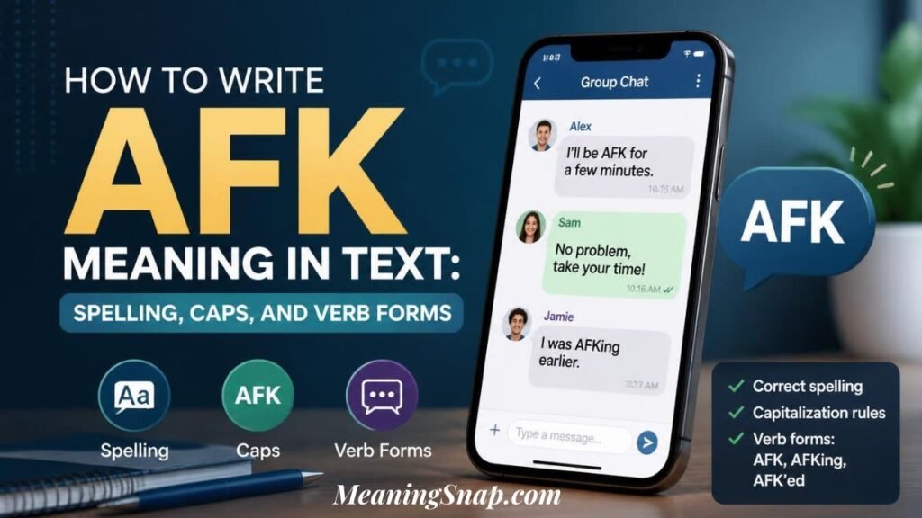Smartphone screen showing group chat examples of AFK text meaning spelling capitalization and verb forms like AFKing.   