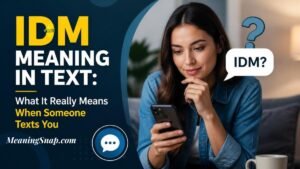 Infographic titled IDM Meaning in Text: What It Really Means When Someone Texts You, featuring a woman using a phone near a question mark and speech bubble asking IDM?
