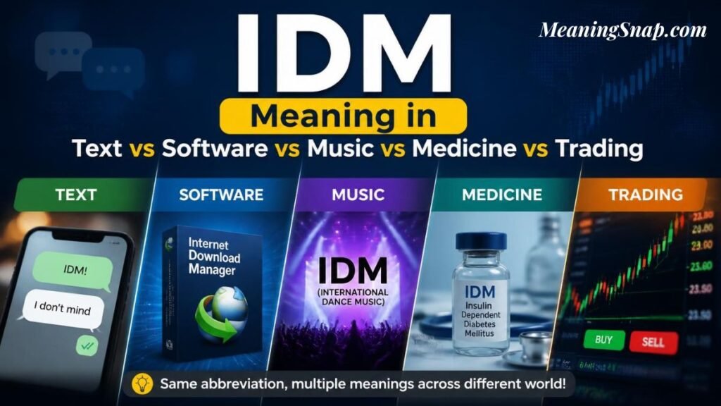 Infographic titled IDM Meaning in Text vs Software vs Music vs Medicine vs Trading, comparing five distinct definitions across domains.