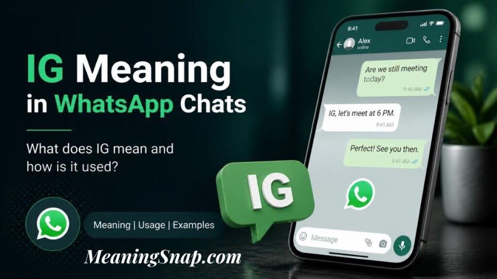 Infographic titled IG Meaning in WhatsApp Chats, showing a smartphone with a green WhatsApp chat interface displaying "IG, let's meet at 6 PM." alongside a green 3D IG speech bubble.