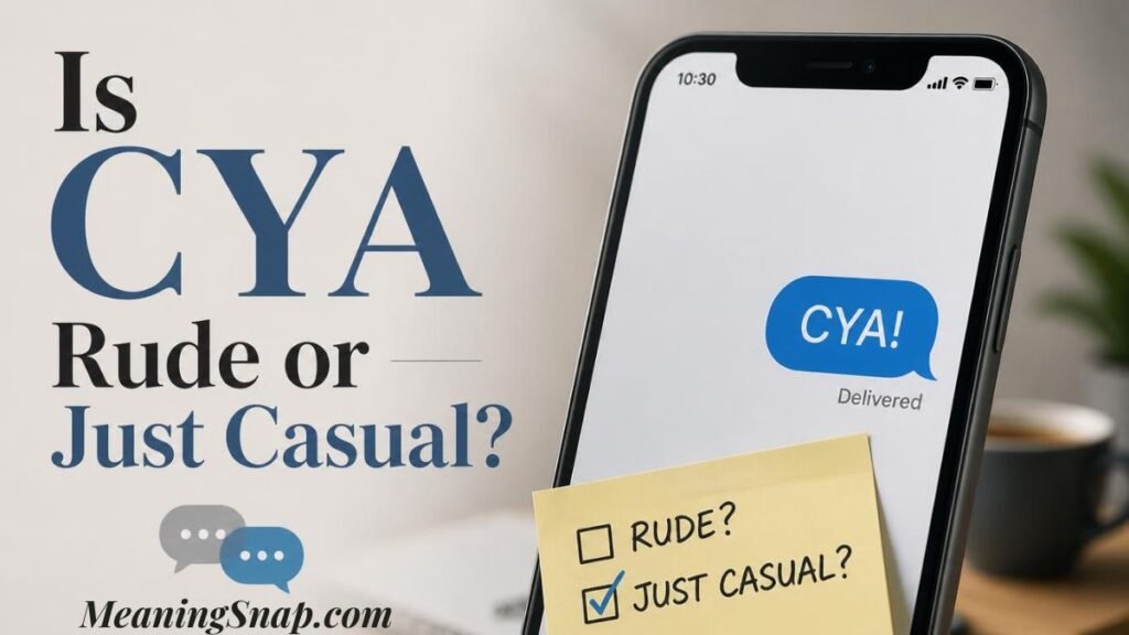 Infographic analyzing whether CYA is rude or just casual, showing a smartphone displaying a "CYA!" text message with a sticky note checklist marking "Just Casual?".