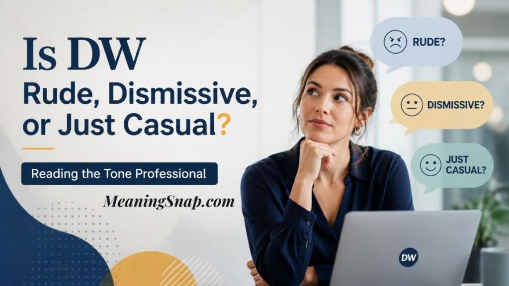 Infographic titled Is DW Rude, Dismissive, or Just Casual?, showing a pensive woman seated at a laptop beside speech bubbles probing tone perception.