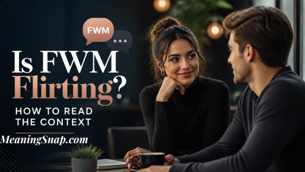 Infographic titled Is FWM Flirting? How to Read the Context, depicting a woman smiling warm-heartedly at a man in a cafe setting with floating speech bubbles above them displaying FWM and a typing indicator.