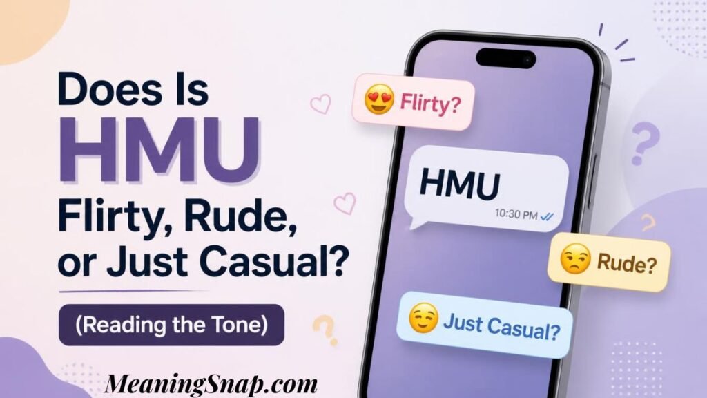 Infographic analyzing whether HMU is flirty, rude, or just casual, featuring a smartphone displaying floating emoji pill badges for Flirty, Rude, and Just Casual.
