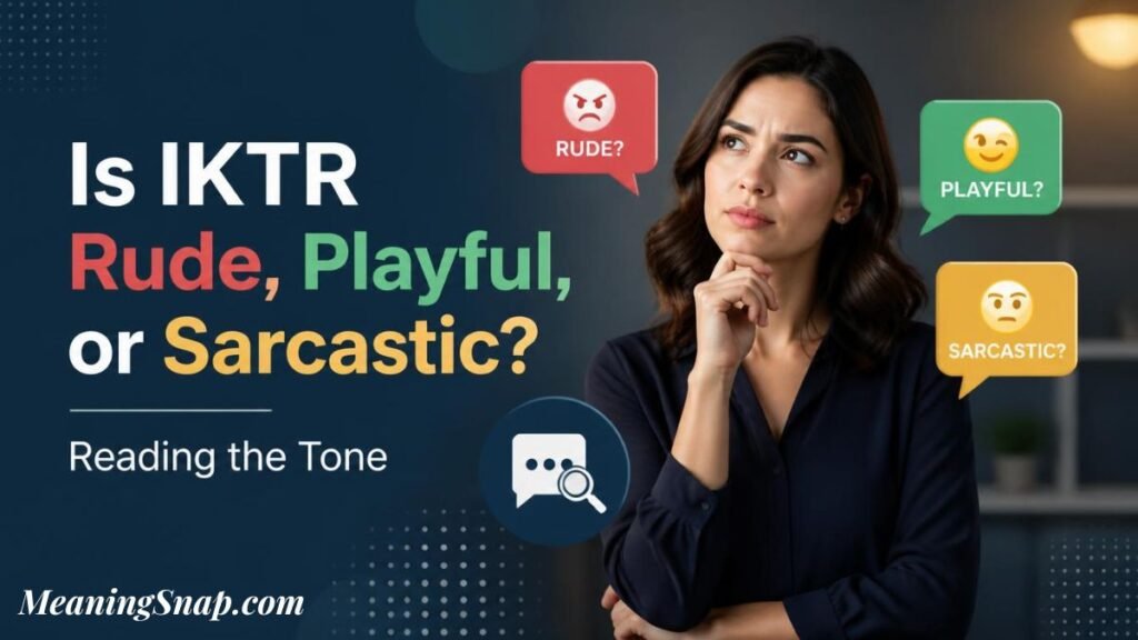 Infographic titled Is IKTR Rude, Playful, or Sarcastic? Reading the Tone, featuring a thoughtful woman surrounded by color-coded speech bubbles for Rude, Playful, and Sarcastic.   