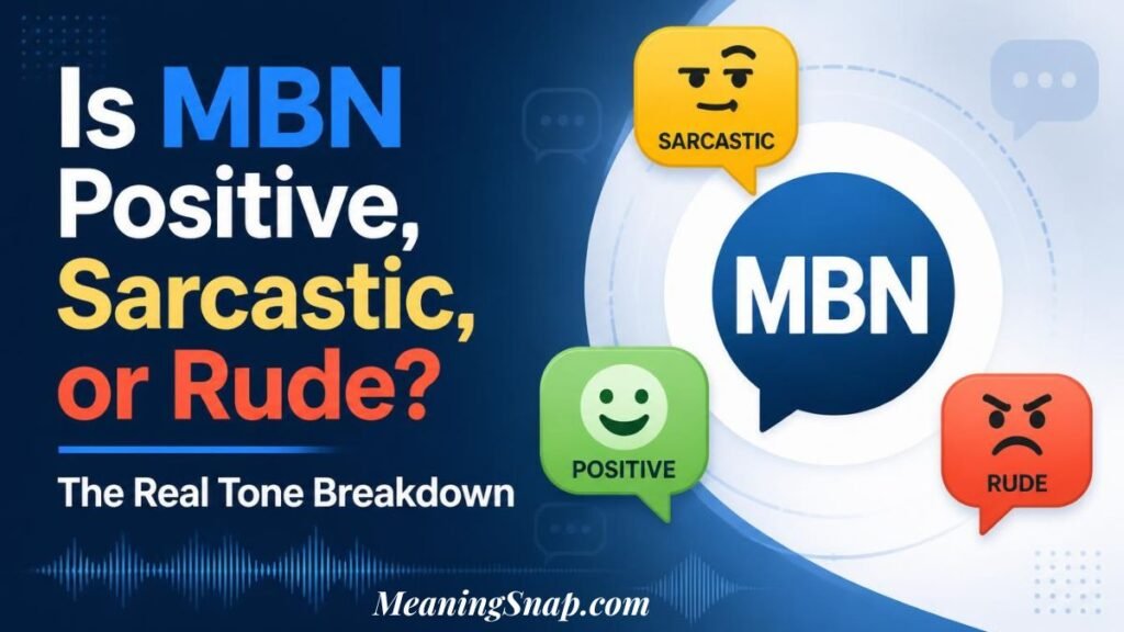 Infographic titled Is MBN Positive, Sarcastic, or Rude? The Real Tone Breakdown, showing a central blue "MBN" chat bubble surrounded by three color-coded sentiment callouts: positive, sarcastic, and rude.