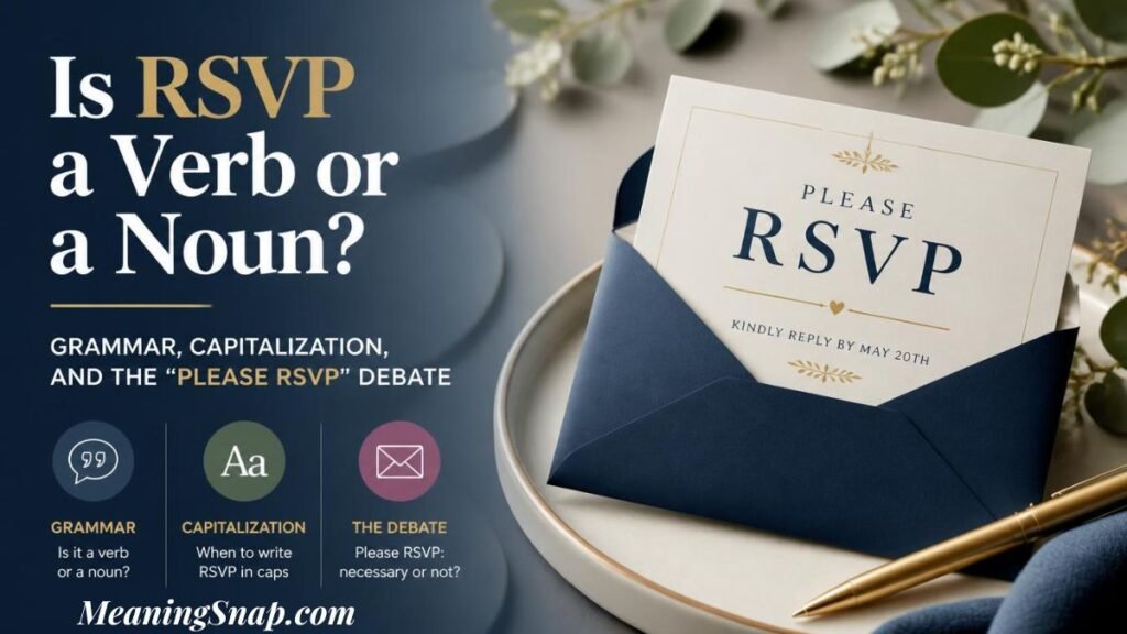 Infographic titled Is RSVP a Verb or a Noun?, displaying a formal event response card in a navy blue envelope next to a gold pen and three circular feature badges covering grammar, capitalization, and etiquette.