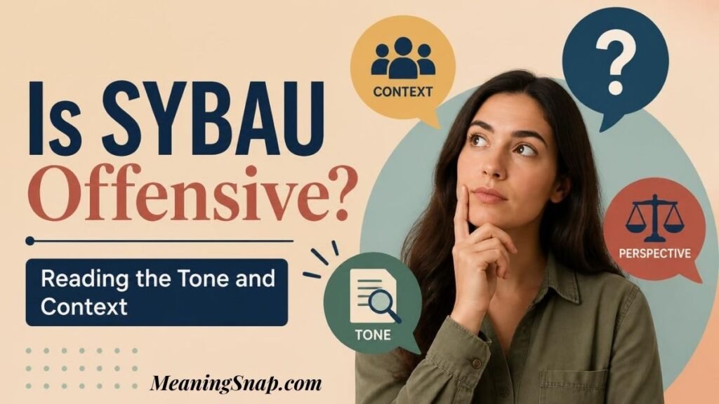 Infographic analyzing whether SYBAU is offensive, showing a thoughtful woman surrounded by speech bubbles representing context, tone, and perspective.