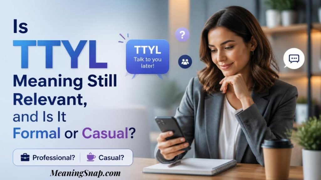 Businesswoman holding a smartphone with chat graphics analyzing if TTYL meaning is relevant, formal, or casual. 