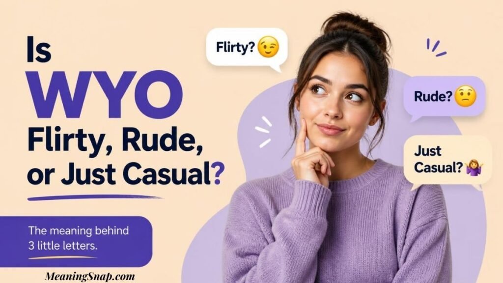 Infographic analyzing whether WYO is flirty, rude, or just casual, showing a thoughtful woman in a purple sweater surrounded by tone question callouts.