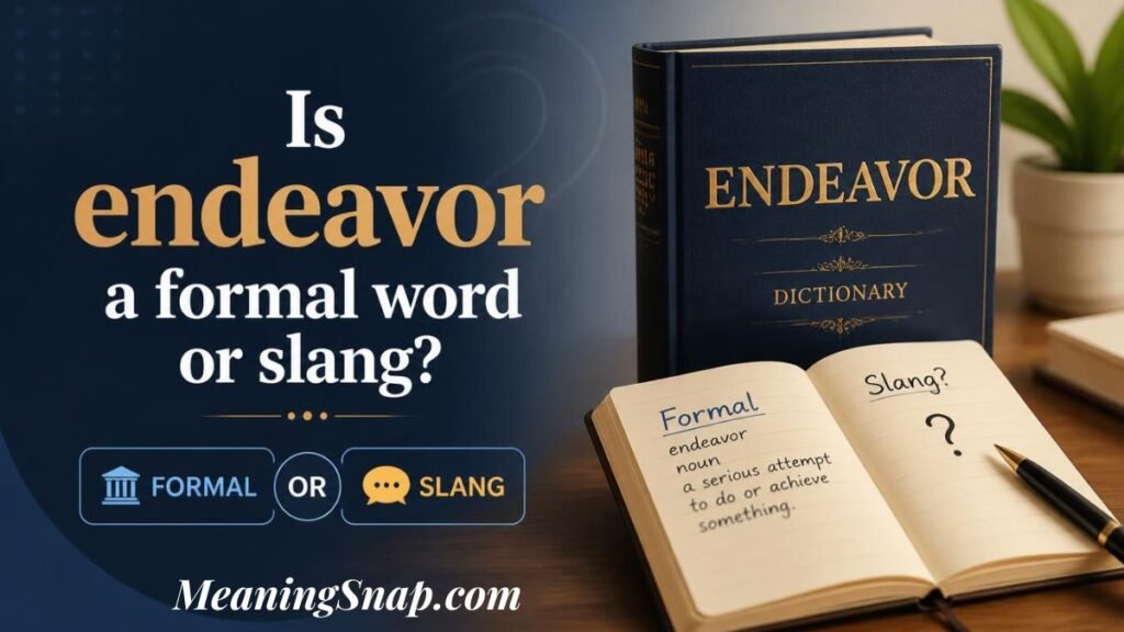 Infographic titled Is endeavor a formal word or slang?, showing a hardcover dictionary and open notebook listing its formal definition.