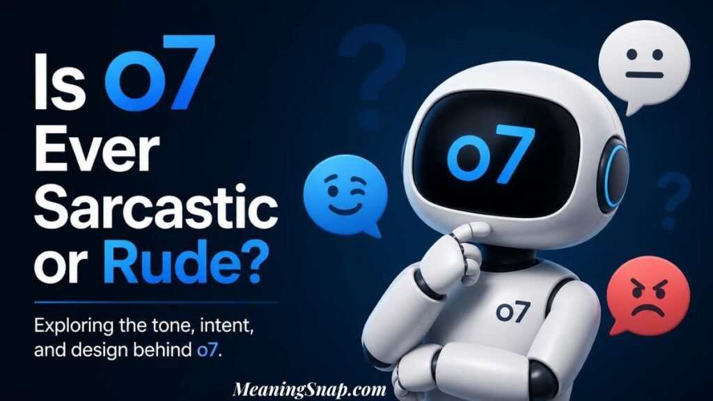 Infographic titled Is o7 Ever Sarcastic or Rude?, featuring a white futuristic robot in a thinking pose surrounded by speech bubbles with various expressions including a winking smile, a neutral face, and an angry face.