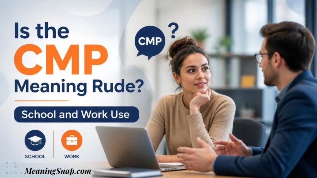 Two colleagues conversing at an office desk discussing whether CMP text meaning is rude in school and work settings.   
