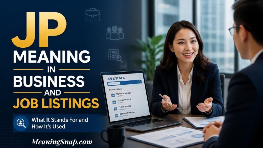 Infographic titled JP Meaning in Business and Job Listings, showing a professional woman discussing recruitment with a colleague in an office, next to an open laptop displaying open job positions.