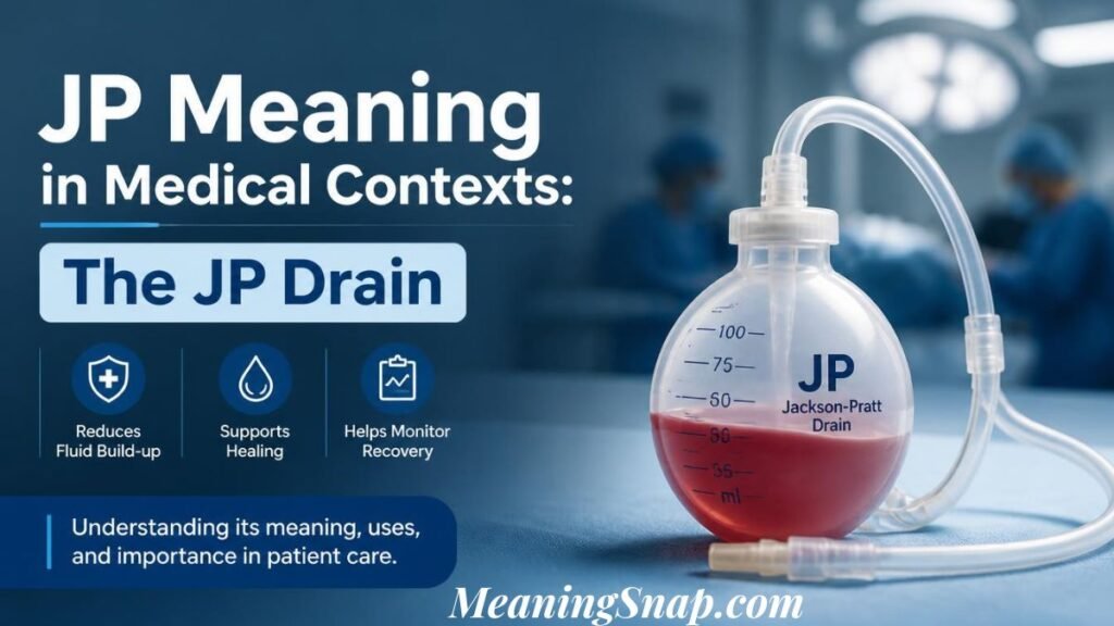 Infographic titled JP Meaning in Medical Contexts: The JP Drain, displaying a Jackson-Pratt drainage bulb filled with fluid next to three medical benefit badges.