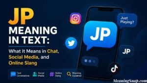 Infographic explaining JP Meaning in Text, showing a smartphone with a large blue 3D speech bubble containing JP surrounded by app icons for Instagram, Twitter, and TikTok.