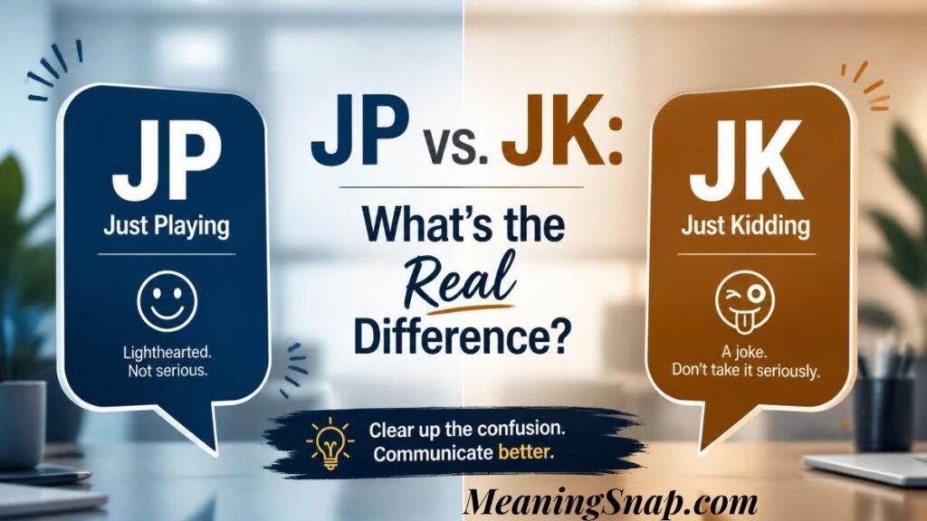 Infographic titled JP vs. JK: What's the Real Difference?, featuring a dark blue chat bubble for JP ("Just Playing") next to a brown chat bubble for JK ("Just Kidding").