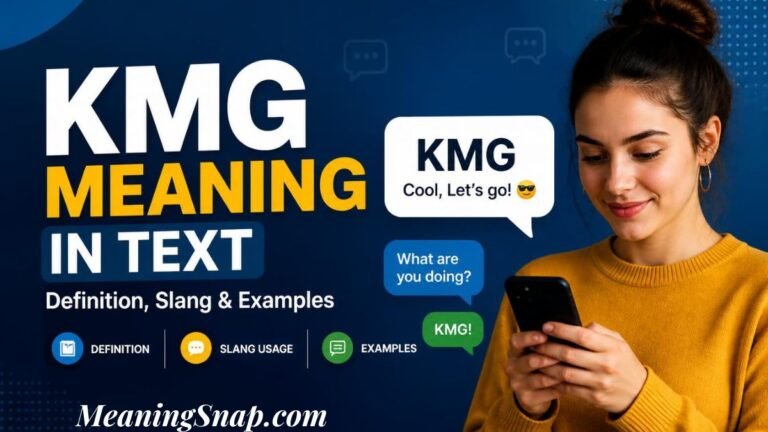 Infographic titled KMG MEANING IN TEXT: Definition, Slang & Examples, showing a woman with a high bun using a smartphone beside message bubbles defining KMG.