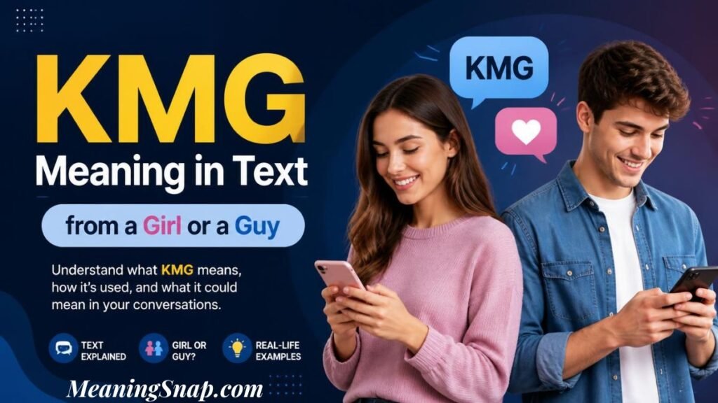 Infographic titled KMG Meaning in Text from a Girl or a Guy, showing a young woman and man smiling while using their smartphones next to floating chat bubbles.