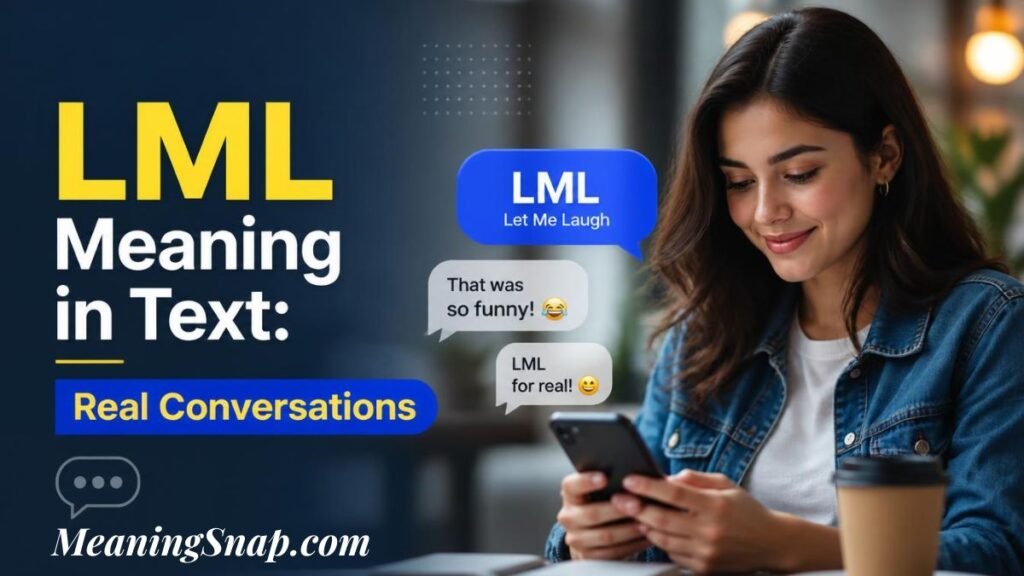 Infographic titled LML Meaning in Text: Real Conversations, showing a woman in a denim jacket smiling at her smartphone next to a text message thread defining LML as "Let Me Laugh".