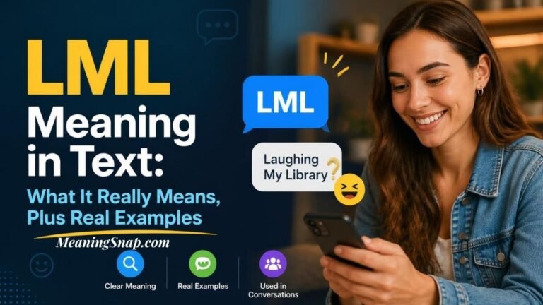 Infographic titled LML Meaning in Text: What It Really Means, Plus Real Examples, featuring a woman smiling at her smartphone next to chat bubbles defining LML.