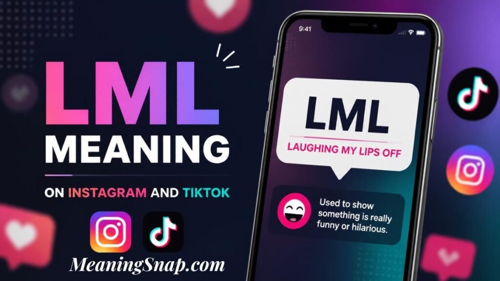Infographic titled LML Meaning on Instagram and TikTok, displaying a smartphone mockup defining LML as "Laughing My Lips Off".