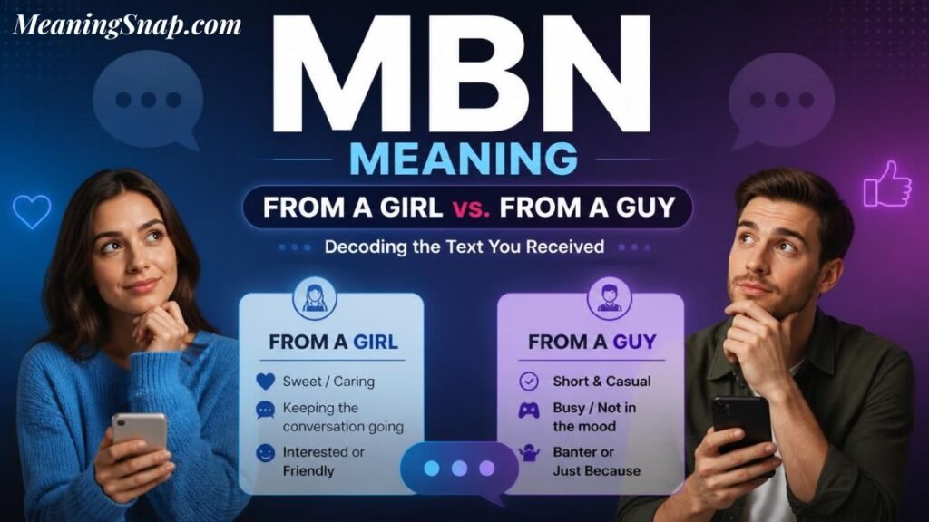 Infographic titled MBN Meaning: From a Girl vs. From a Guy - Decoding the Text You Received, showing a split comparison card between male and female texters with models holding smartphones.