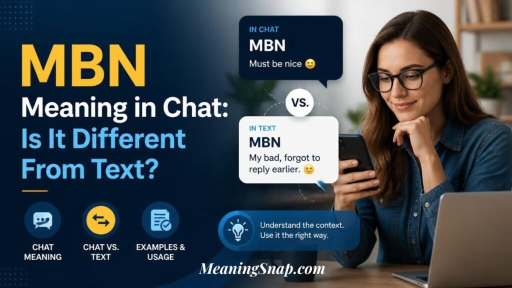 Infographic titled MBN Meaning in Chat: Is It Different From Text?, showing a woman looking at her phone while working on a laptop alongside a visual comparison between "IN CHAT" (Must be nice) and "IN TEXT" (My bad, forgot to reply earlier).