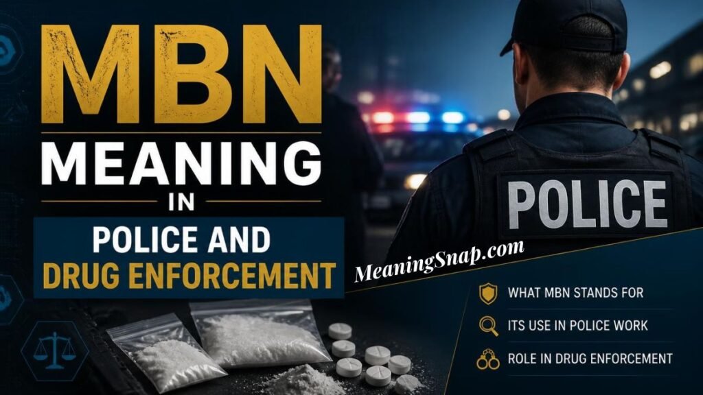 Infographic titled MBN Meaning in Police and Drug Enforcement, showing a law enforcement officer facing a police vehicle alongside clear plastic evidence bags containing powder and pills.
