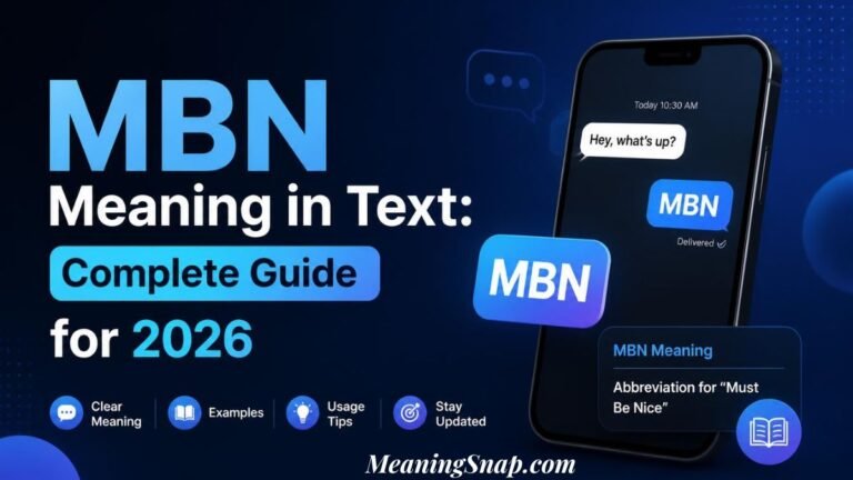 Infographic titled MBN Meaning in Text: Complete Guide for 2026, featuring a smartphone displaying a blue "MBN" chat bubble alongside a definition card reading Abbreviation for "Must Be Nice".