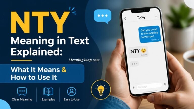 Hands holding smartphone displaying NTY meaning in text No Thank You in messaging app.