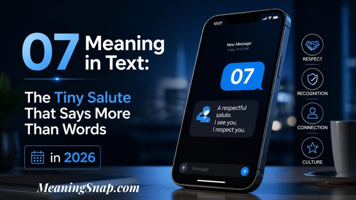 Infographic titled o7 Meaning in Text: The Tiny Salute That Says More Than Words, displaying a smartphone with a blue o7 chat bubble next to four circular feature icons for Respect, Recognition, Connection, and Culture.