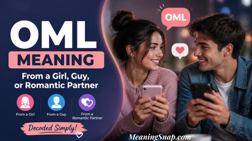 Infographic titled OML Meaning From a Girl, Guy, or Romantic Partner, showing a smiling couple holding phones with floating chat icons.