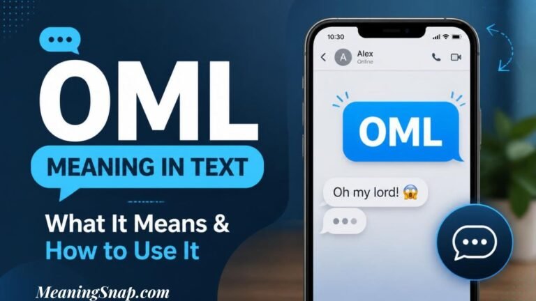 Infographic titled OML Meaning in Text: What It Means & How to Use It, featuring a smartphone displaying an "OML" chat bubble.