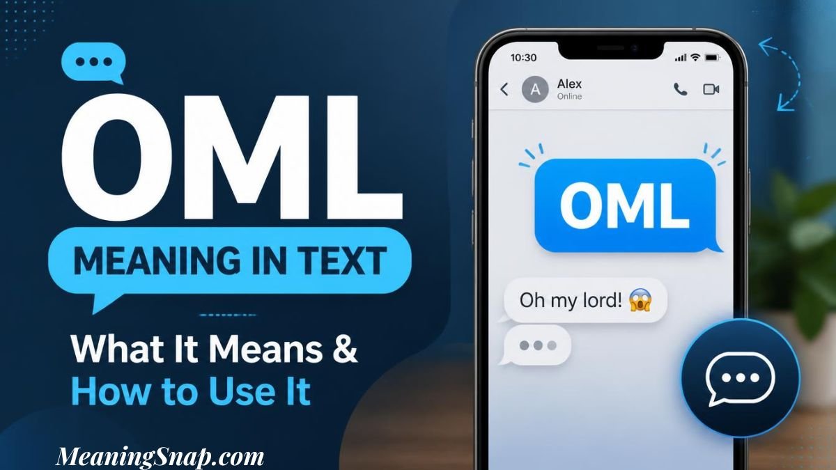 Infographic titled OML Meaning in Text: What It Means & How to Use It, featuring a smartphone displaying an "OML" chat bubble.